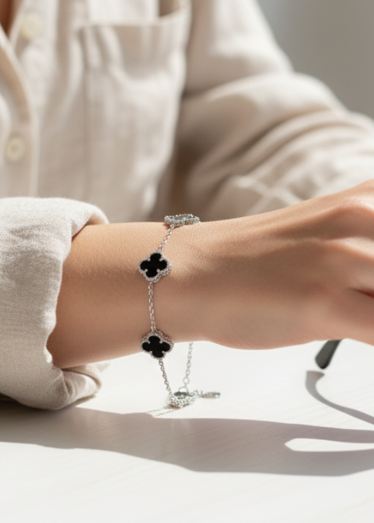 Black Onyx Clover Bracelet | Sterling Silver