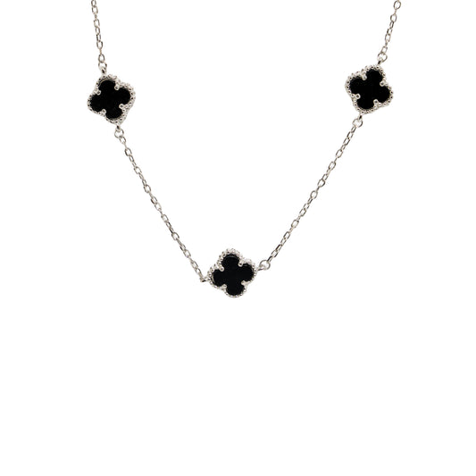 Black Onyx Clover Station Necklace | Sterling Silver