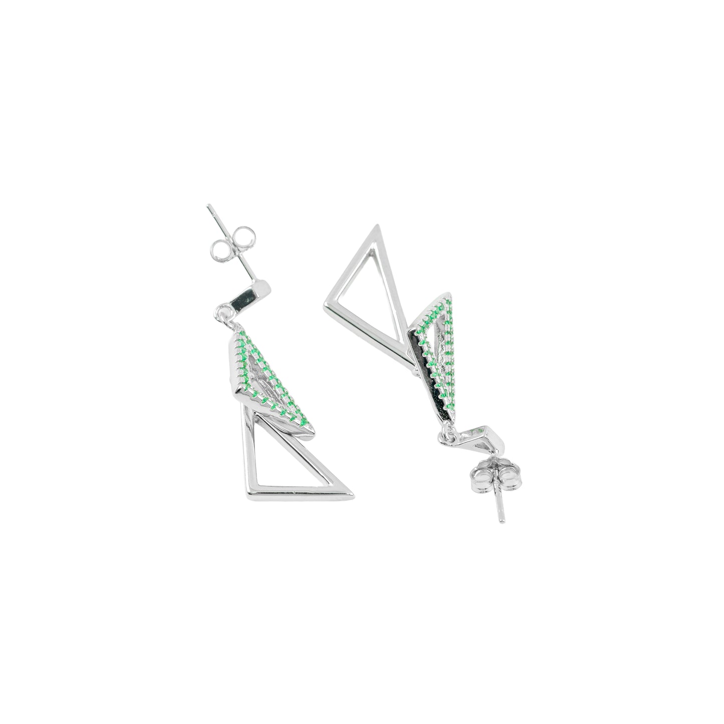 Modern Geometric Triangle Drop Earrings | Green Crystal Pavé