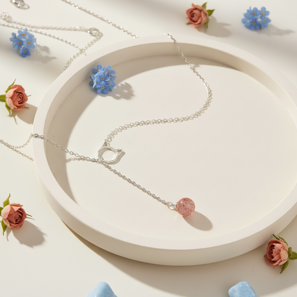 Playful Cat Lariat Necklace with Strawberry Quartz | Sterling Silver