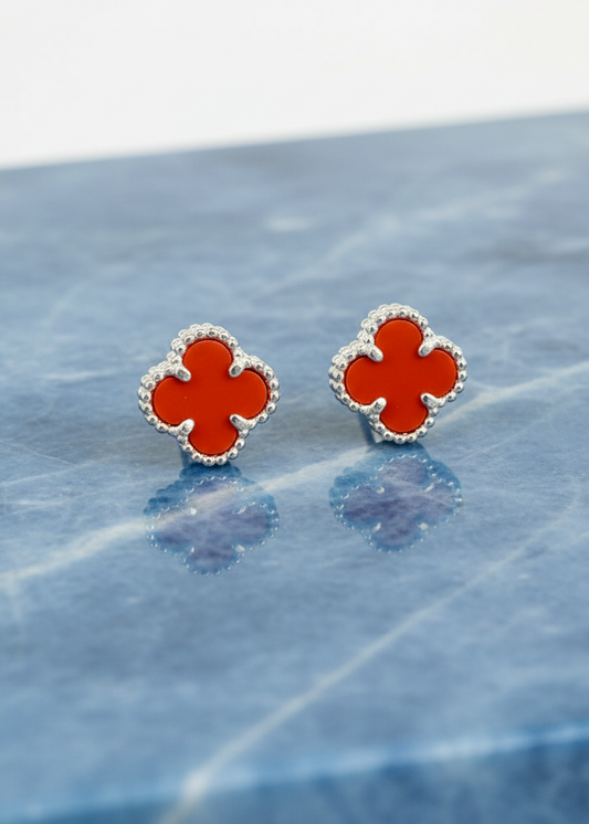 Classic Red Agate Clover Stud Earrings | 925 Sterling Silver