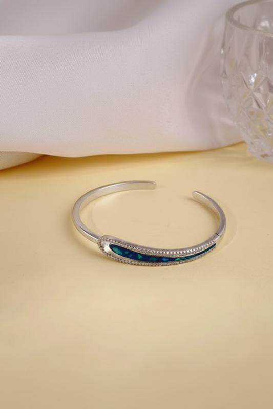 Silver Blue Opal & Crystal Wave Hinged Bangle | 925 Sterling Silver
