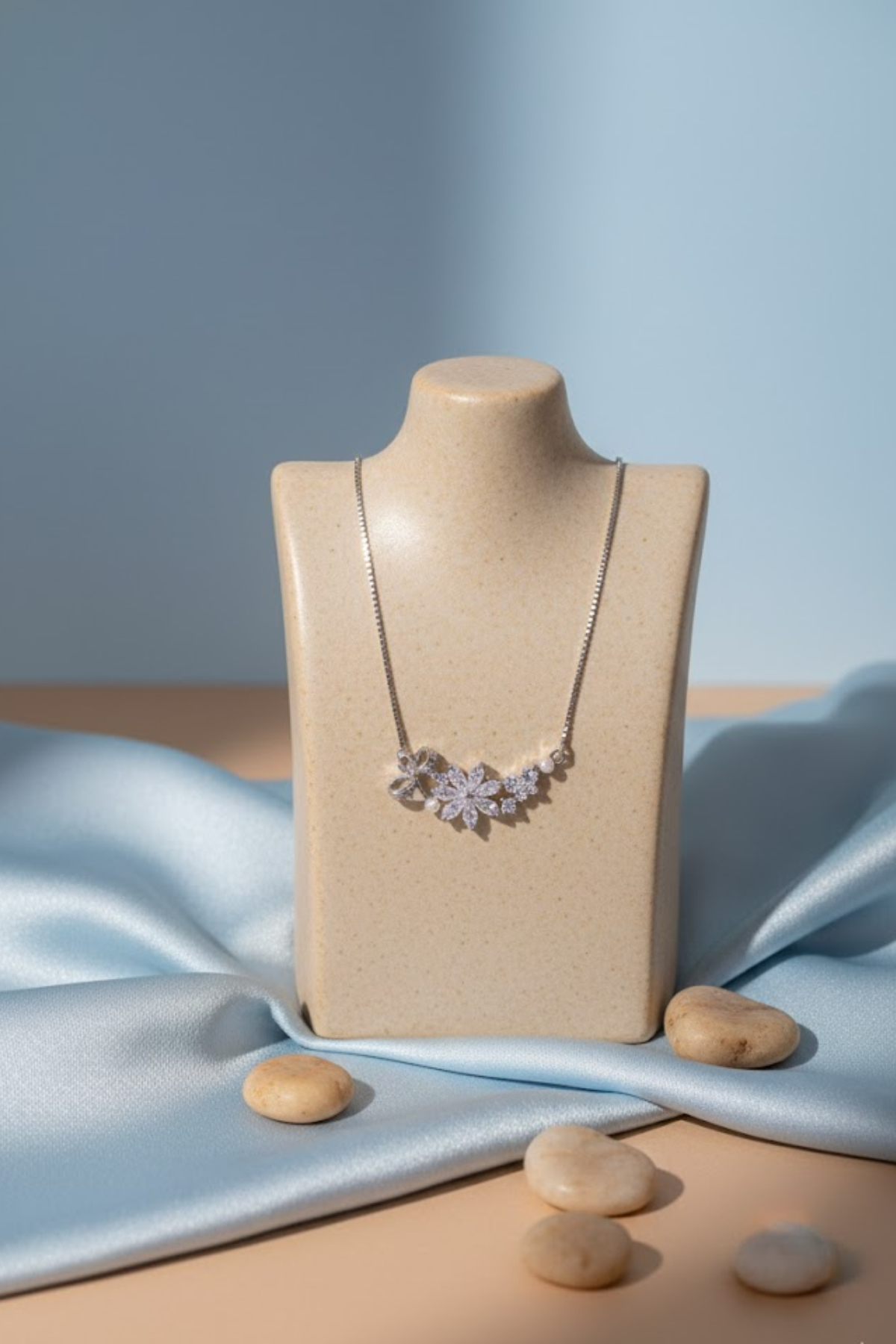 Silver Crystal Floral Garden & Bow Necklace | 925 Sterling Silver