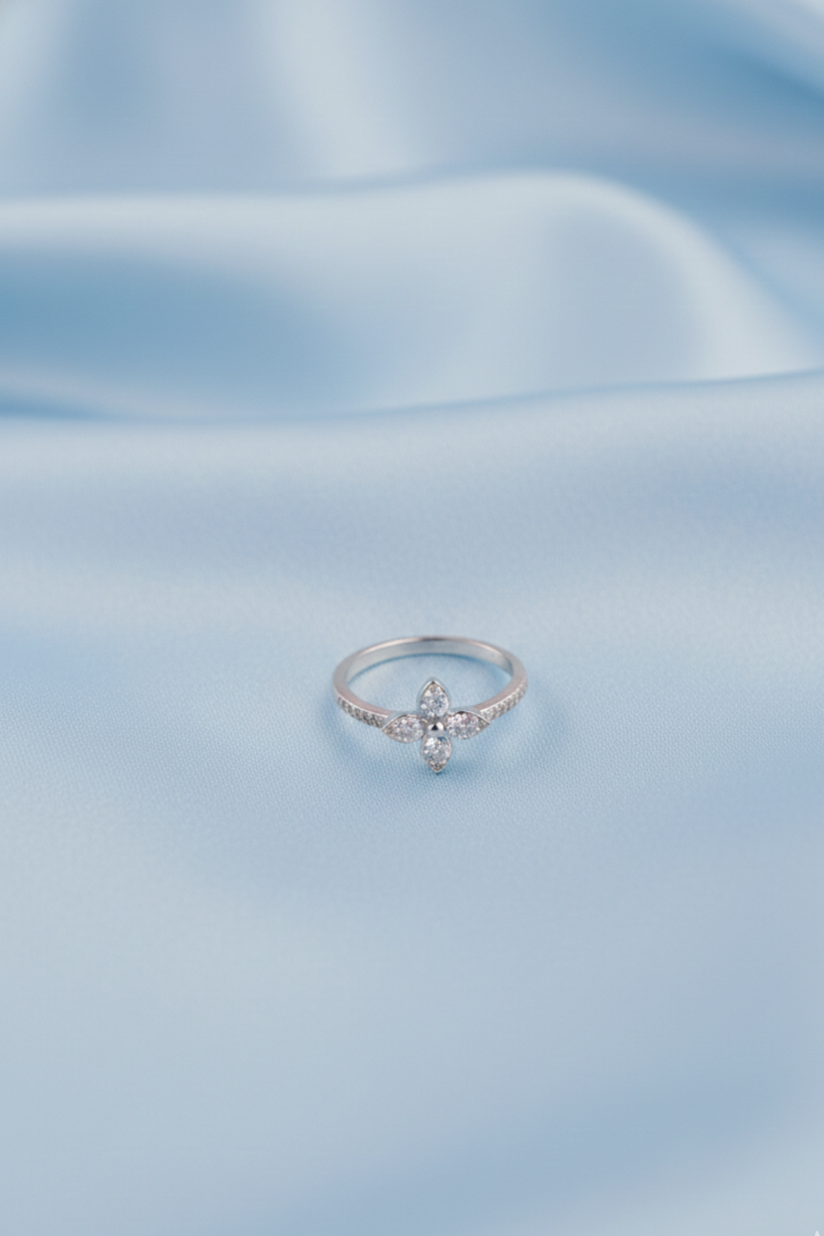 Silver Crystal Four-Petal Floral Ring | 925 Sterling Silver