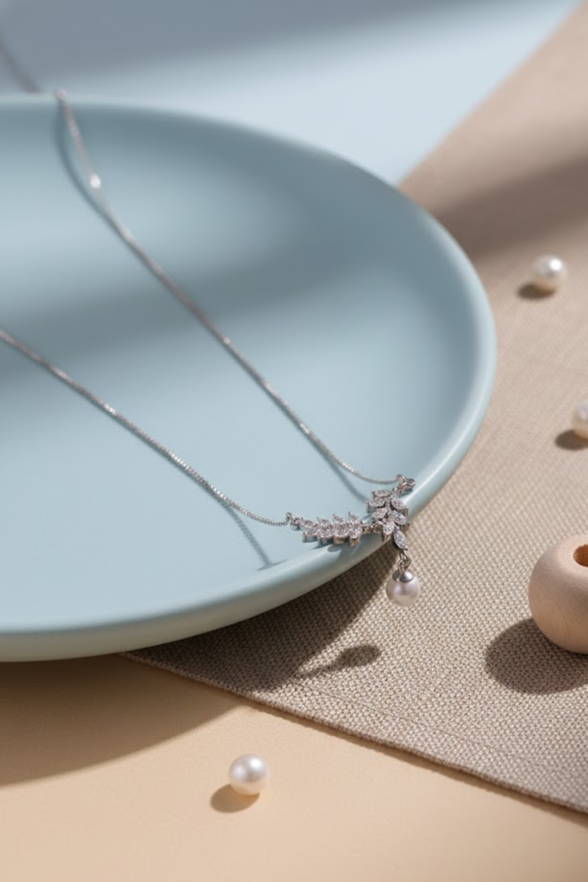 Silver Crystal Olive Branch & Pearl Drop Necklace | 925 Sterling Silver