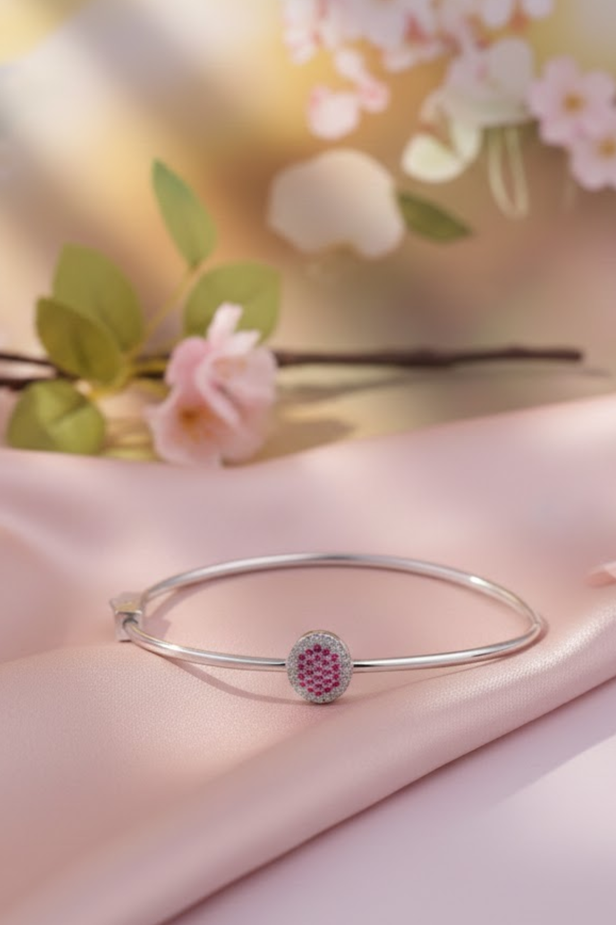 Silver Pink Crystal Halo Hinged Bangle | 925 Sterling Silver