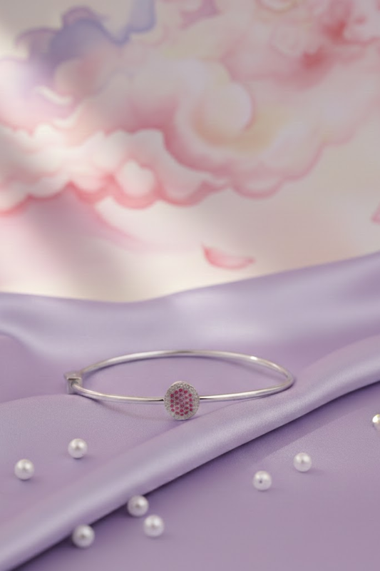 Silver Pink Crystal Halo Hinged Bangle | 925 Sterling Silver