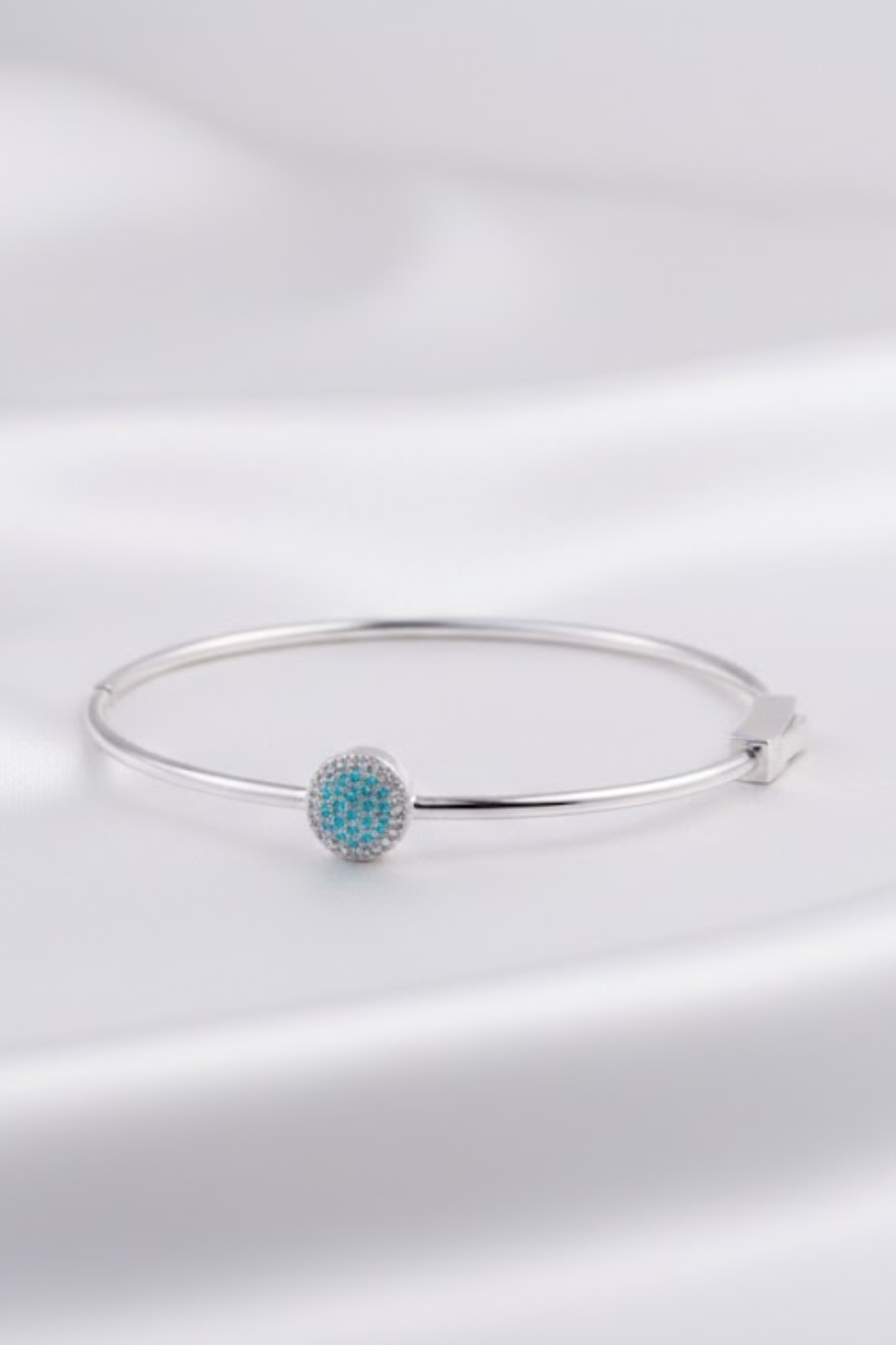 Silver Teal Blue Crystal Halo Hinged Bangle | 925 Sterling Silver