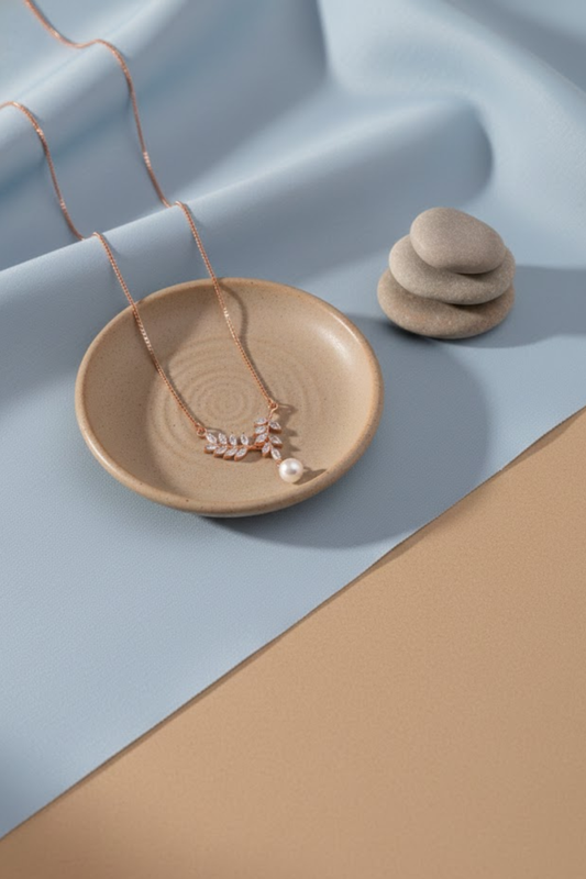 Rose Gold Crystal Olive Branch & Pearl Drop Necklace | 925 Sterling Silver