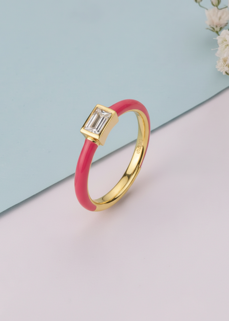 Modern Pink Enamel & Crystal Solitaire Ring | Gold Polish