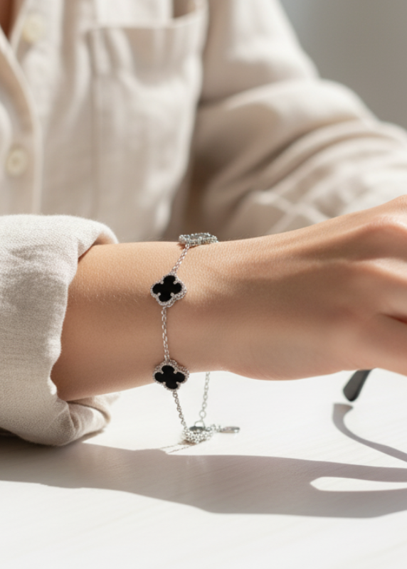 Black Onyx Clover Bracelet | Sterling Silver