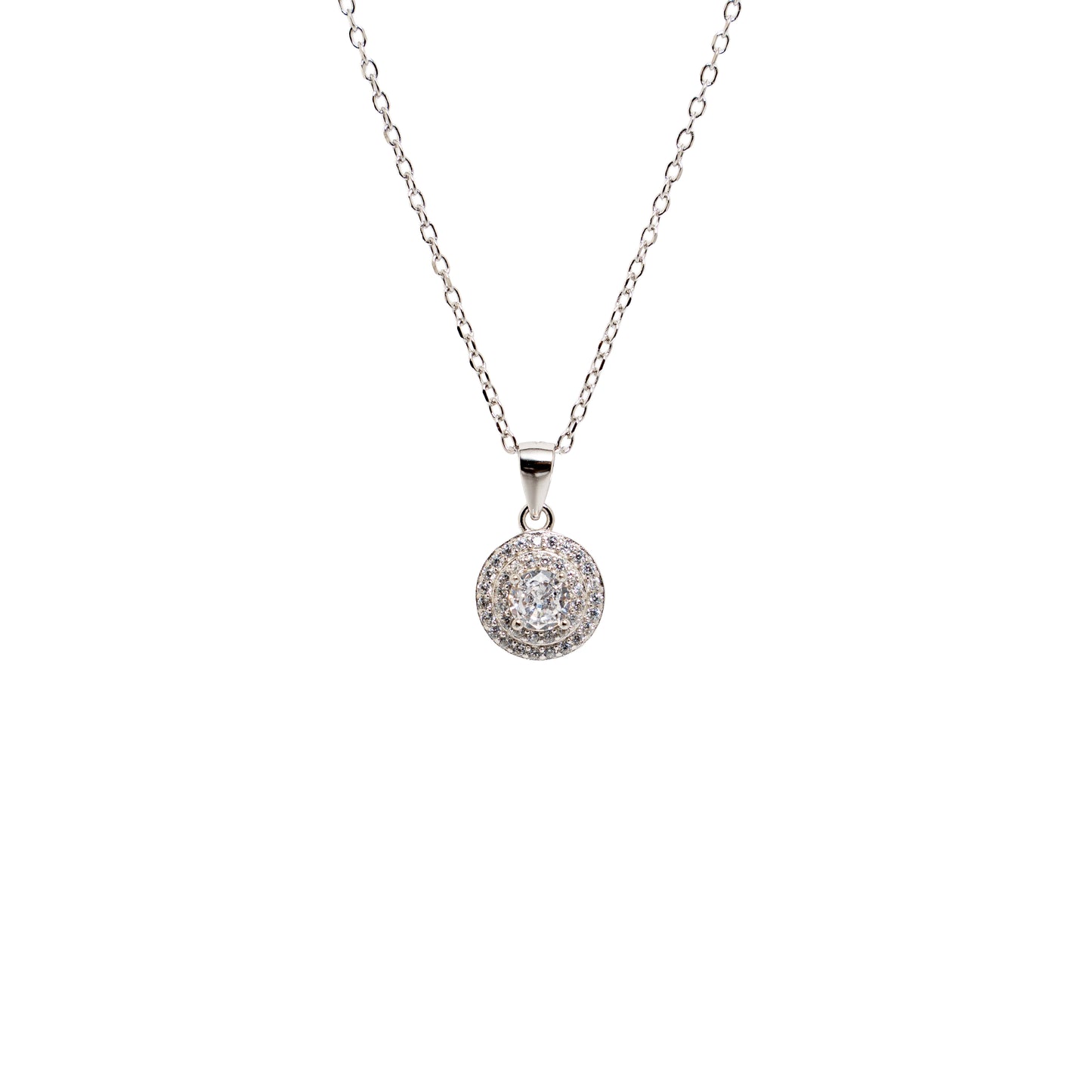 Radiant Double Halo Crystal Pendant Necklace | Sterling Silver