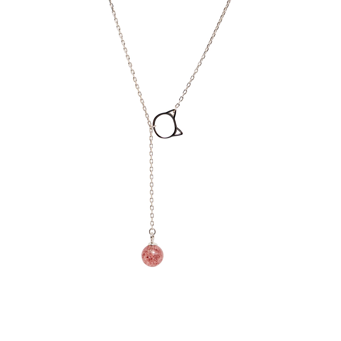 Playful Cat Lariat Necklace with Strawberry Quartz | Sterling Silver