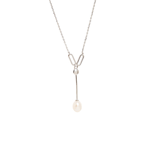 Modern Interlocking Link & Pearl Lariat Necklace | Sterling Silver