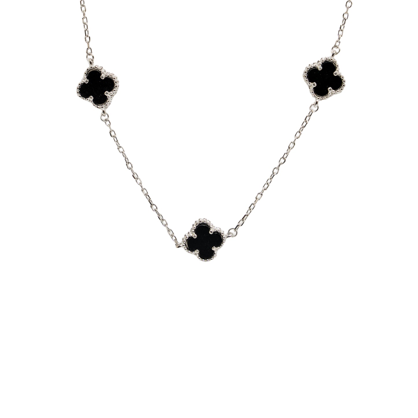 Black Onyx Clover Station Necklace | Sterling Silver