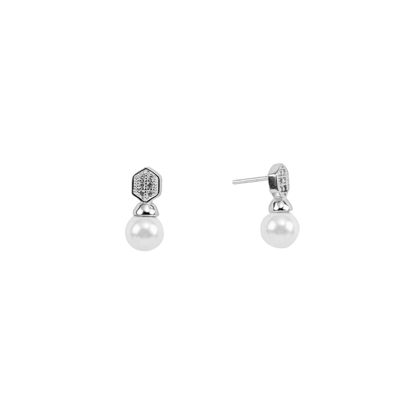 Geometric Pearl Drop Earrings with Crystal Pavé | Sterling Silver