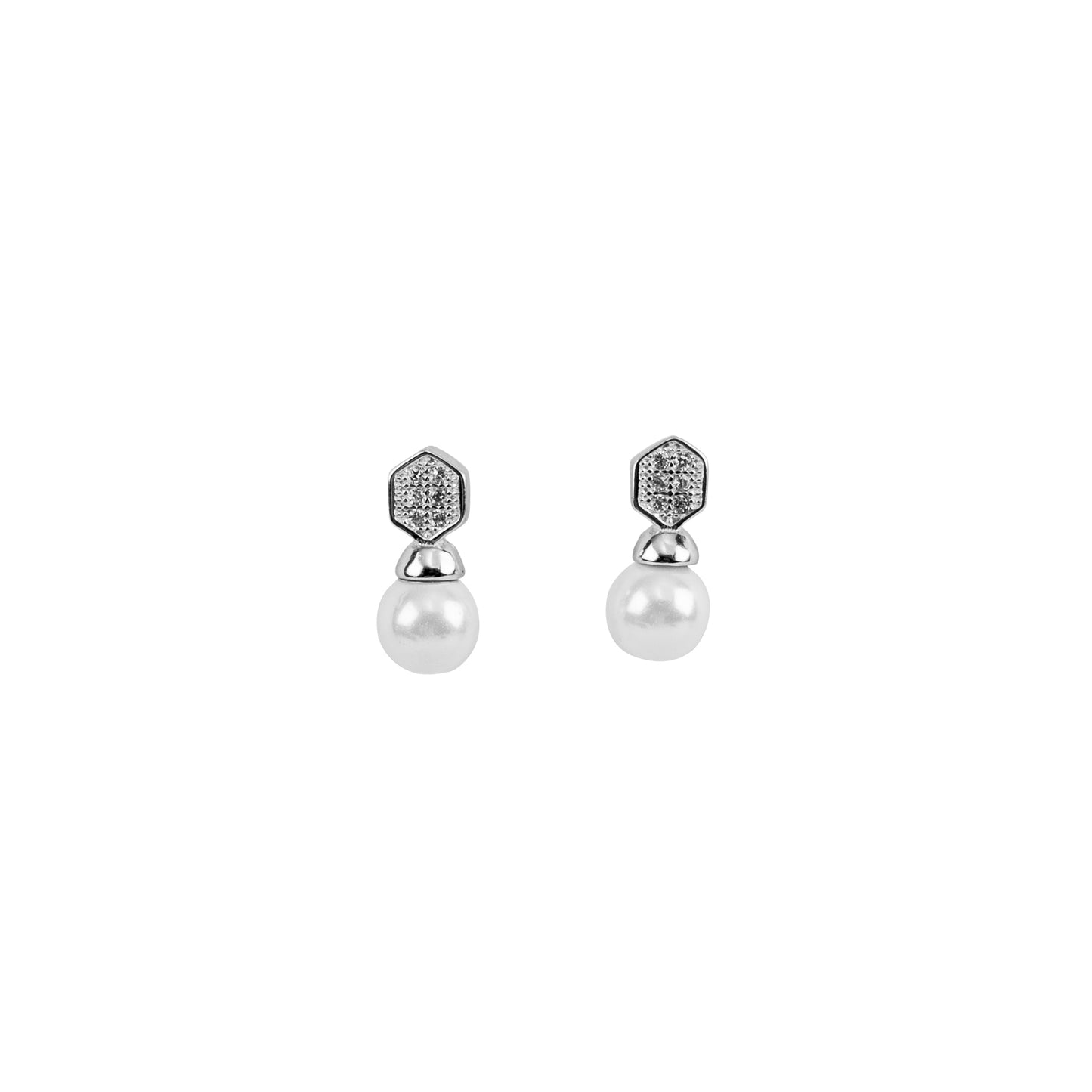 Geometric Pearl Drop Earrings with Crystal Pavé | Sterling Silver