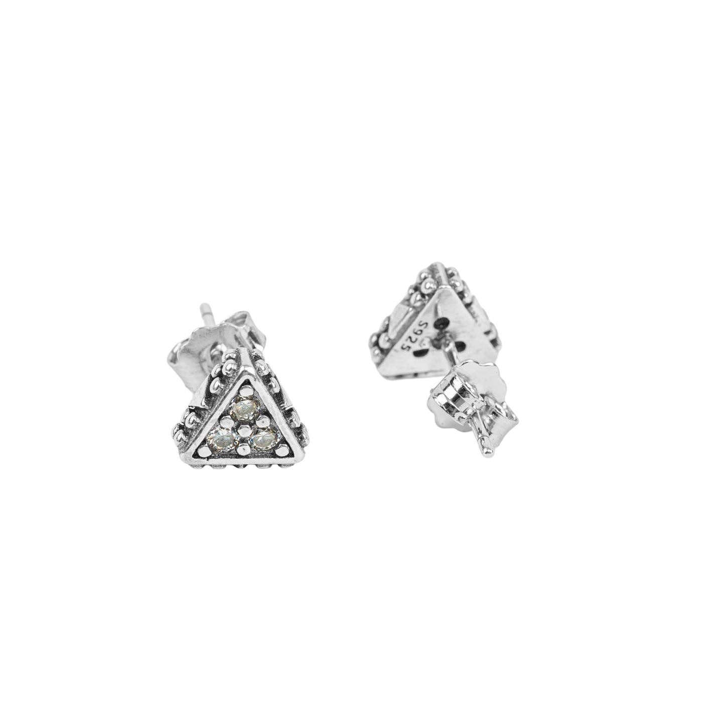 Vintage Triangle Stud Earrings | Oxidized Silver & Champagne Crystal