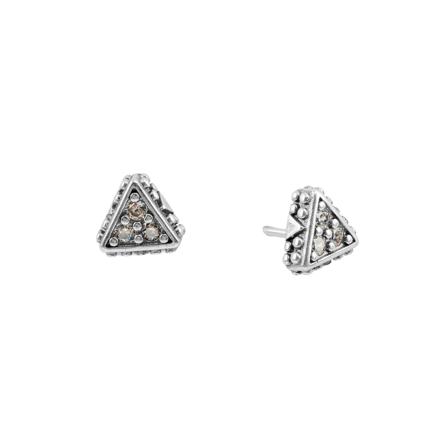 Vintage Triangle Stud Earrings | Oxidized Silver & Champagne Crystal