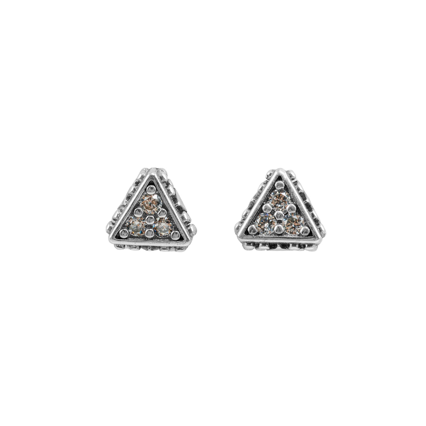 Vintage Triangle Stud Earrings | Oxidized Silver & Champagne Crystal
