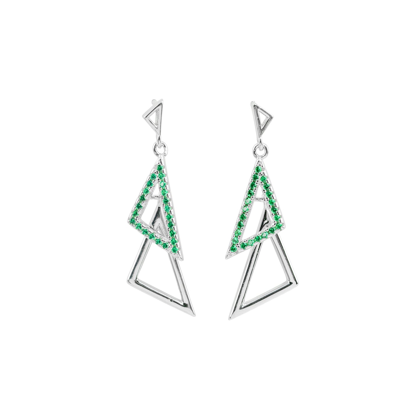 Modern Geometric Triangle Drop Earrings | Green Crystal Pavé
