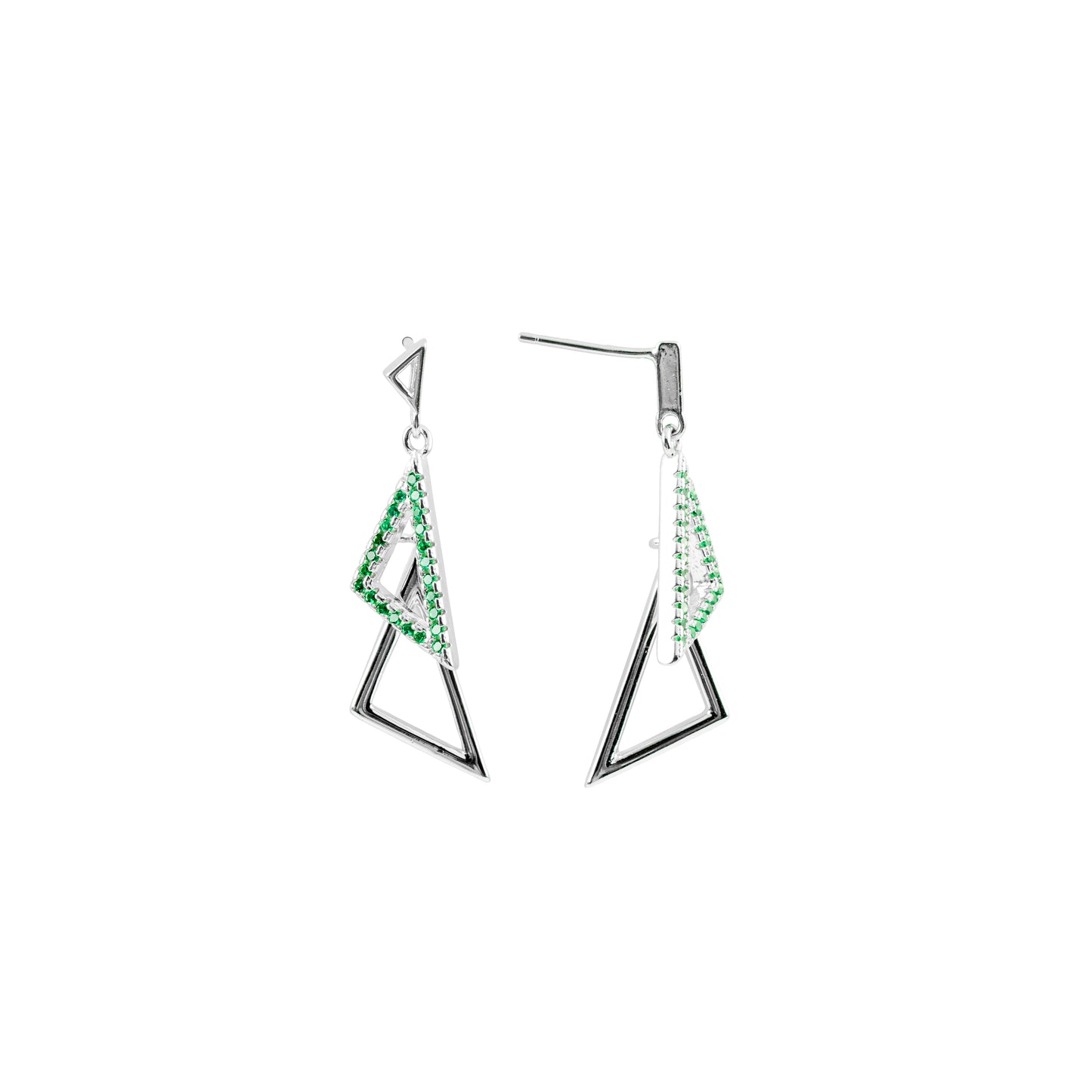 Modern Geometric Triangle Drop Earrings | Green Crystal Pavé
