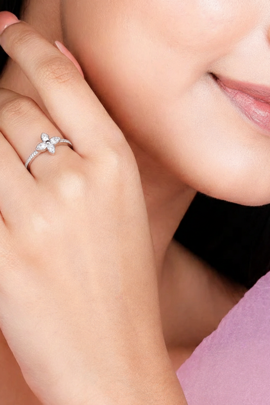 Silver Crystal Four-Petal Floral Ring | 925 Sterling Silver