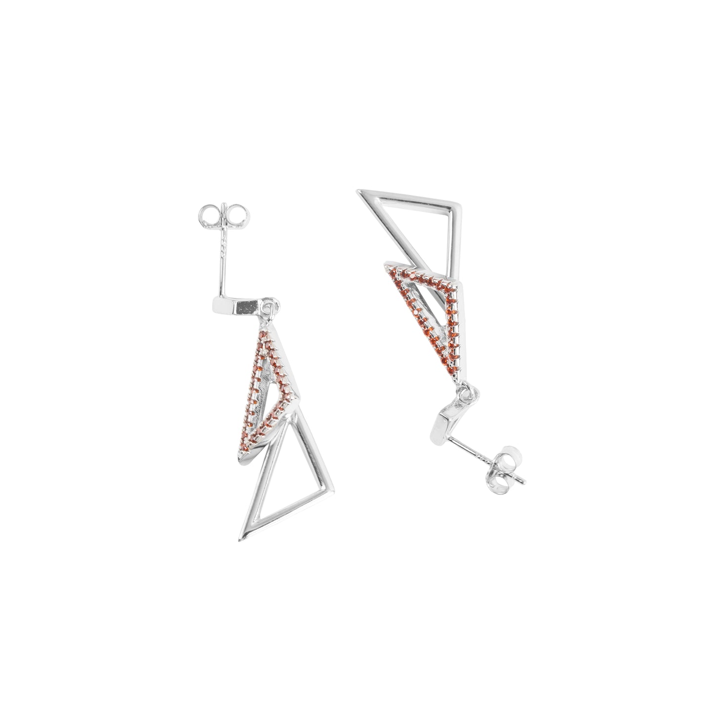 Modern Geometric Triangle Drop Earrings | Red Crystal Pavé