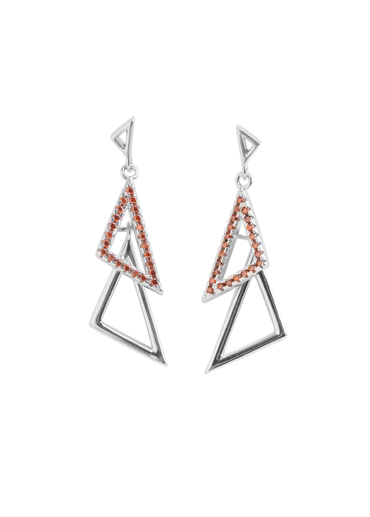 Modern Geometric Triangle Drop Earrings | Red Crystal Pavé