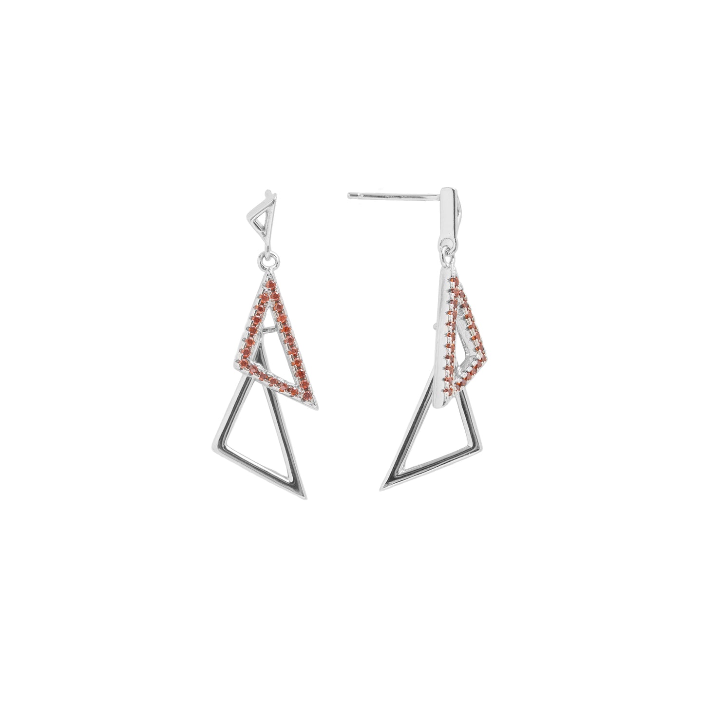 Modern Geometric Triangle Drop Earrings | Red Crystal Pavé