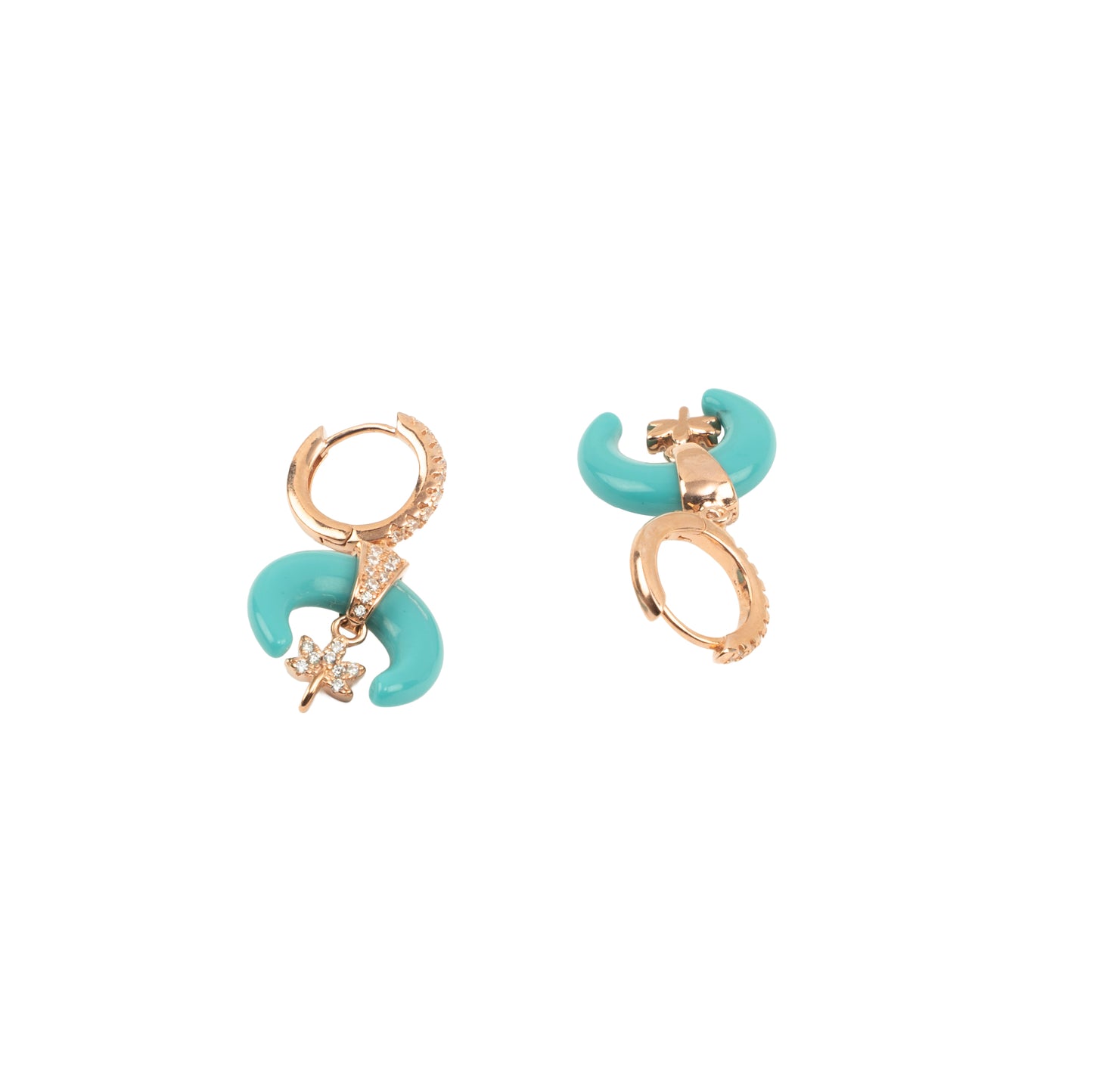 Turquoise Crescent Moon & Star Charm Huggie Hoops | Rose Gold Polish