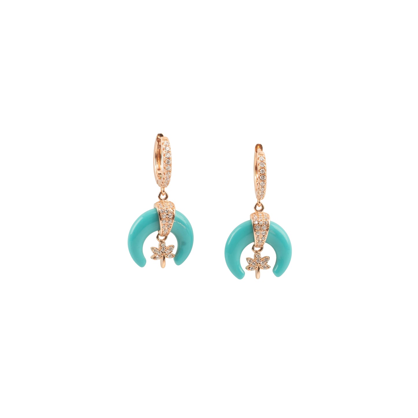 Turquoise Crescent Moon & Star Charm Huggie Hoops | Rose Gold Polish