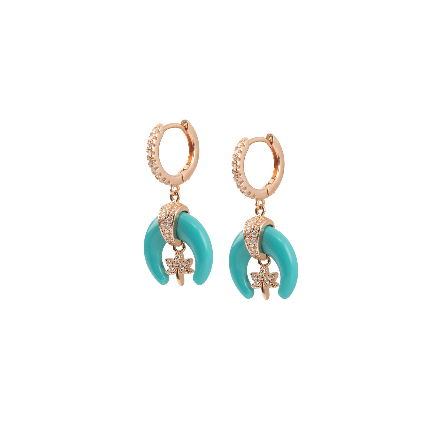 Turquoise Crescent Moon & Star Charm Huggie Hoops | Rose Gold Polish