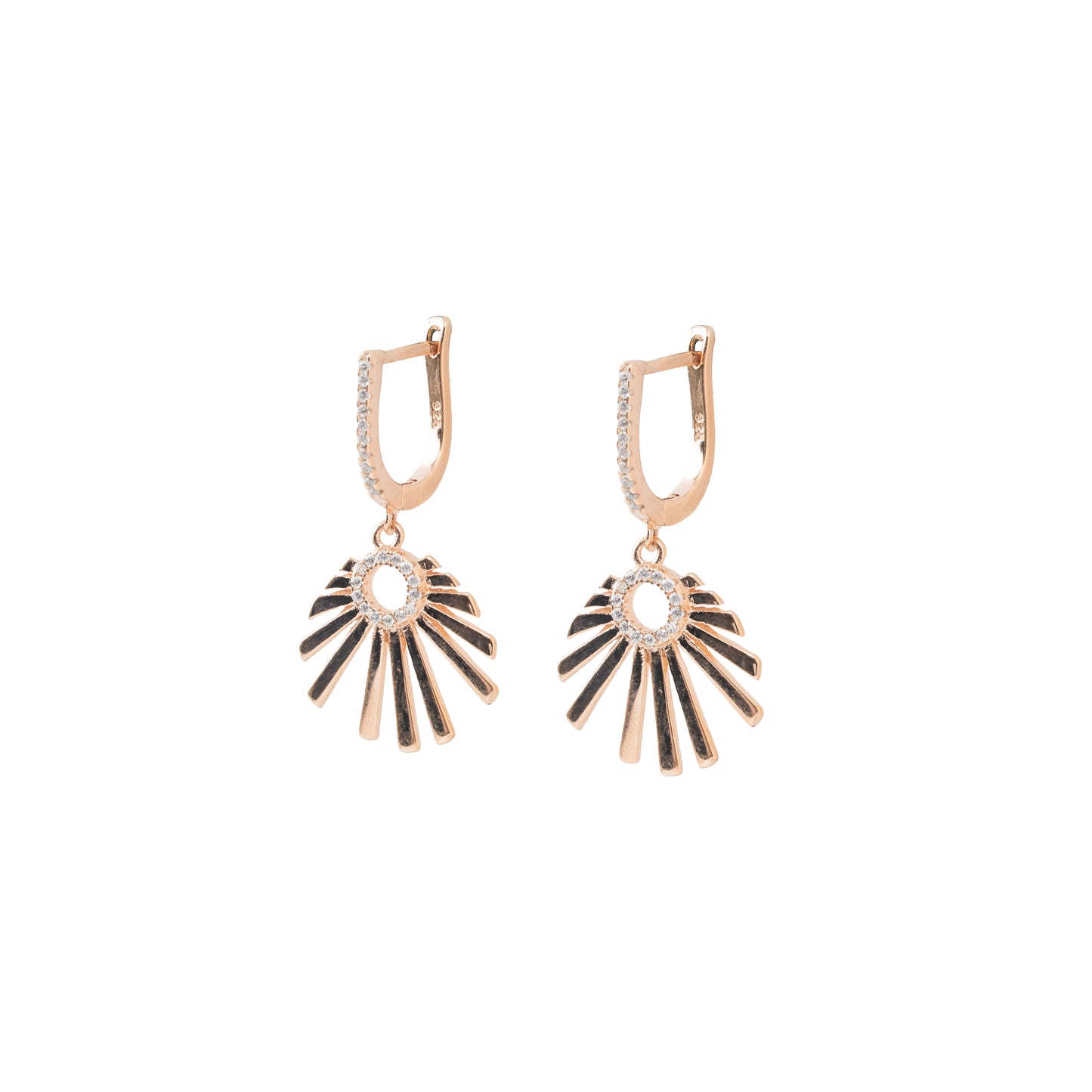 Art Deco Sunburst Fan Earrings | Rose Gold Polish & Crystal Pavé