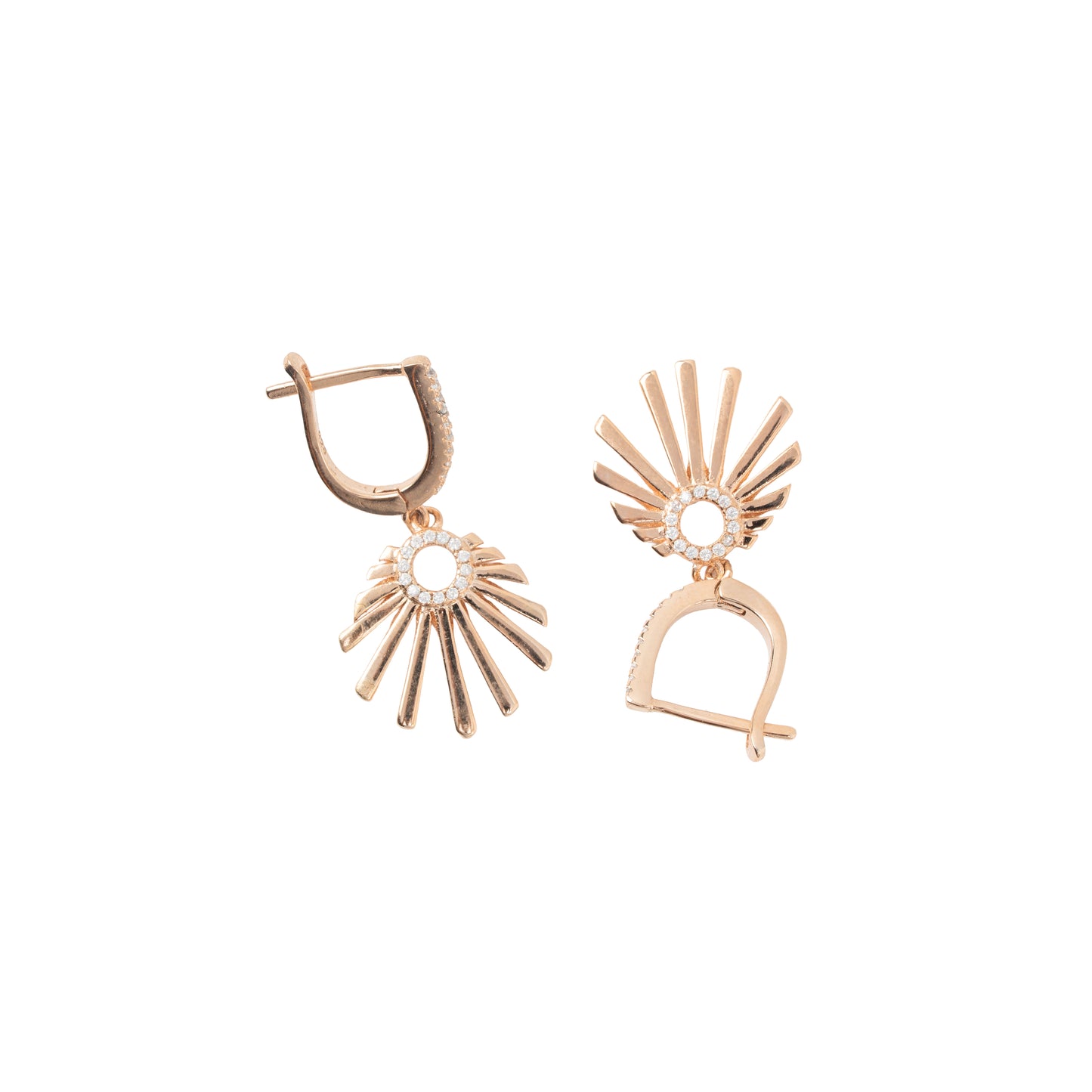 Art Deco Sunburst Fan Earrings | Rose Gold Polish & Crystal Pavé