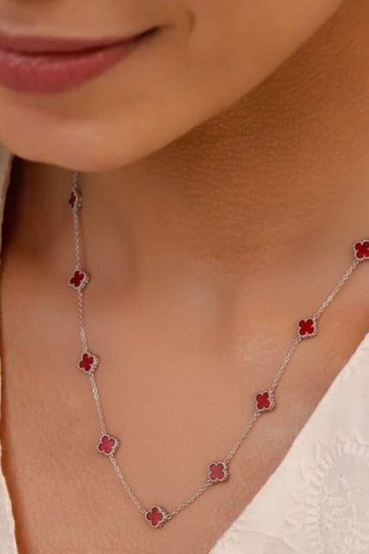 Red Agate Clover Station Necklace