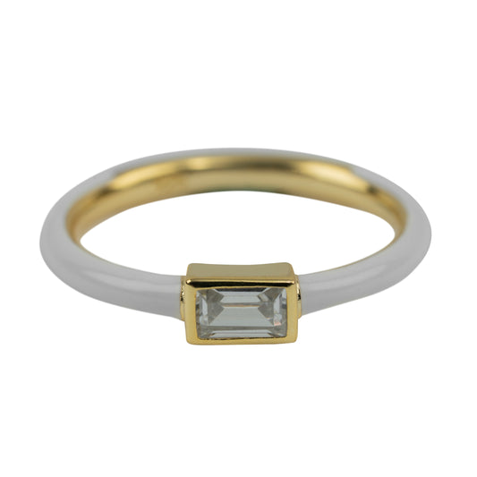 Modern White Enamel & Crystal Solitaire Ring | Gold Polish