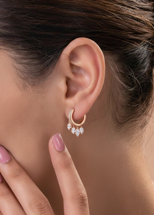 Cascading Crystal Leaf Huggie Hoops | Rose Gold Polish