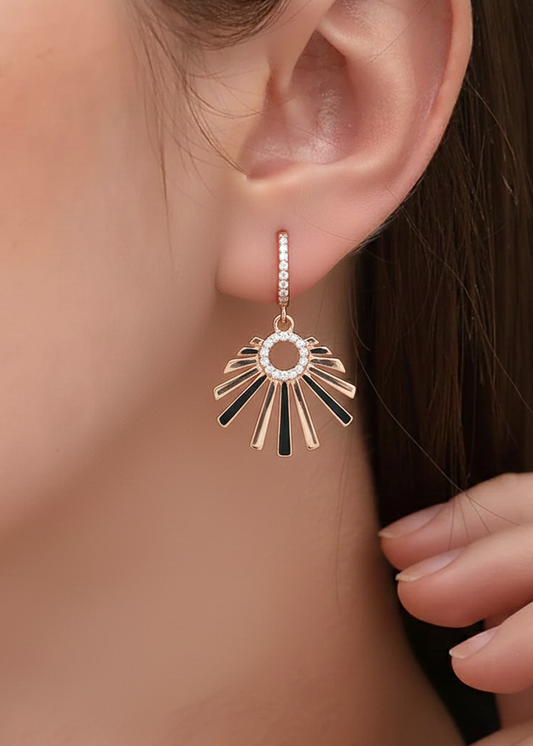 Art Deco Sunburst Fan Earrings | Rose Gold Polish & Crystal Pavé