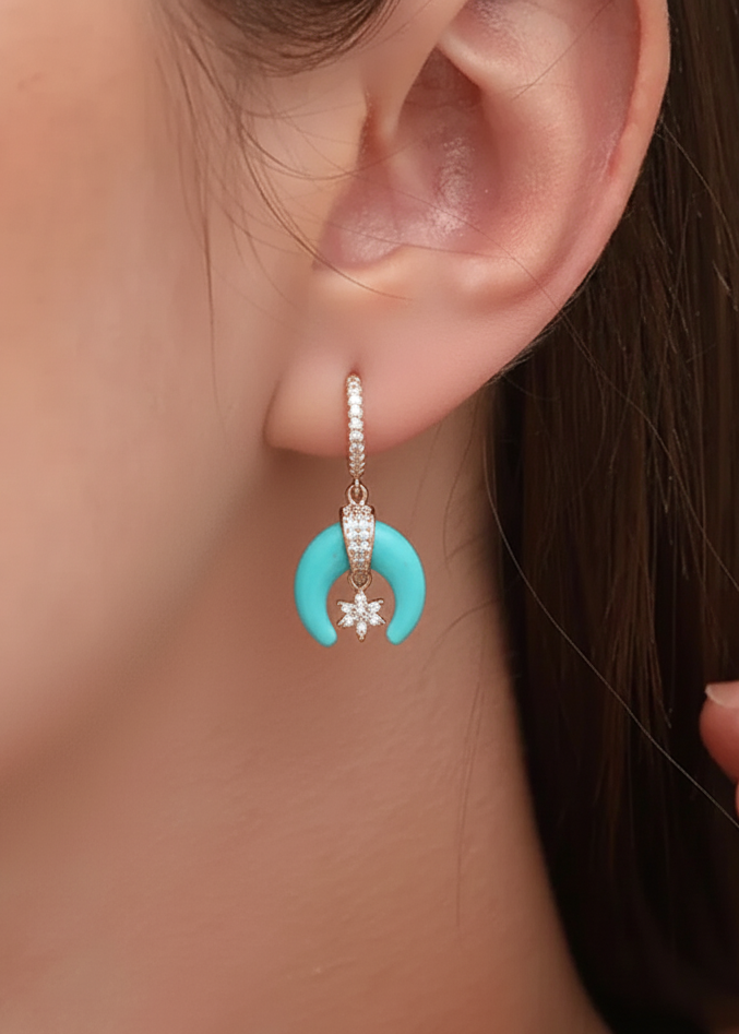Turquoise Crescent Moon & Star Charm Huggie Hoops | Rose Gold Polish