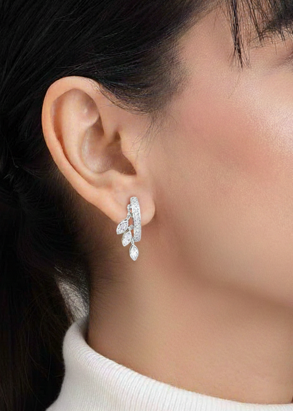 Cascading Crystal Leaf Huggie Hoops | 925 Sterling Silver