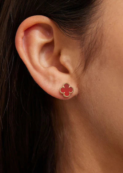 Classic Red Agate Clover Stud Earrings | 925 Sterling Silver