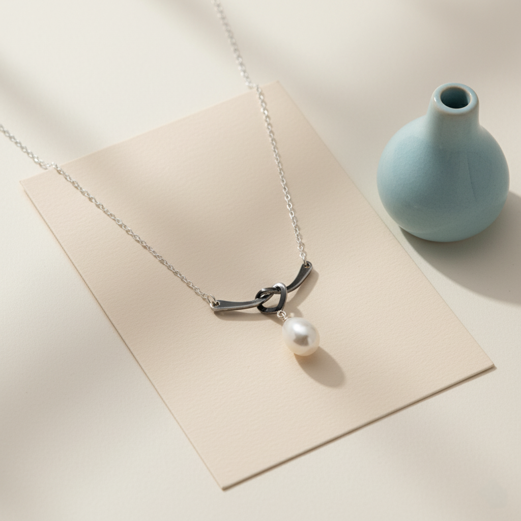 Modern Knot & Pearl Drop Necklace