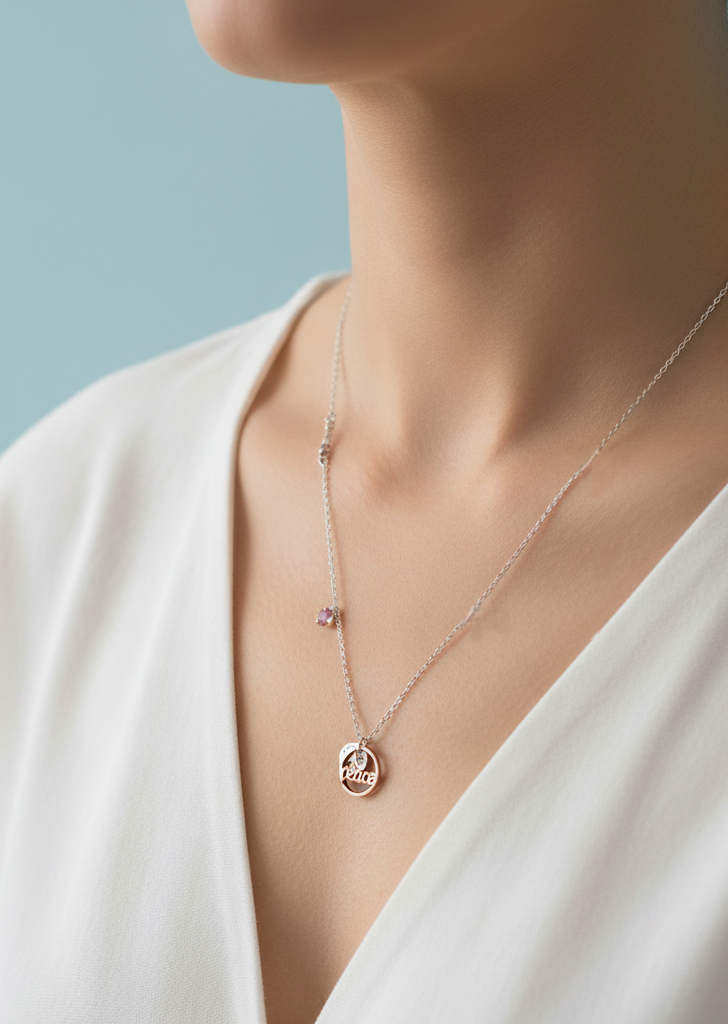 'Peace & Love' Asymmetrical Charm Necklace | Two-Tone Sterling Silver