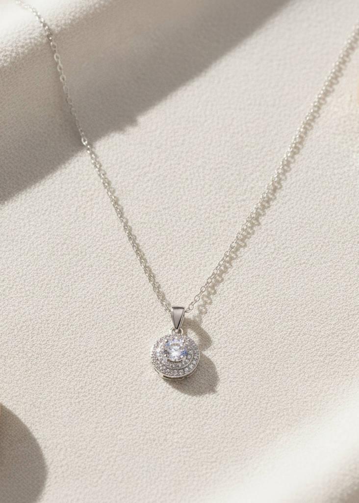 Radiant Double Halo Crystal Pendant Necklace | Sterling Silver