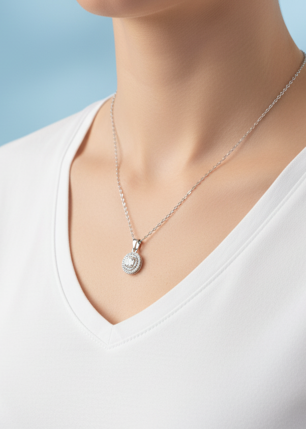 Radiant Double Halo Crystal Pendant Necklace | Sterling Silver