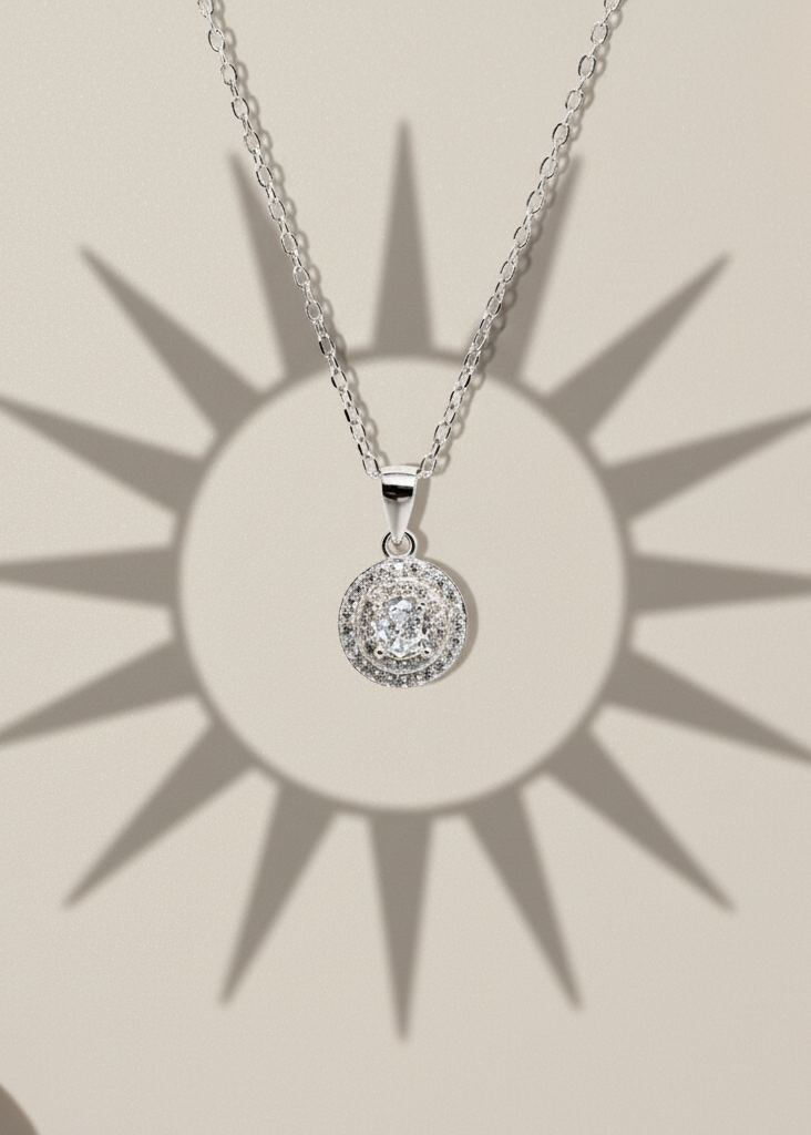 Radiant Double Halo Crystal Pendant Necklace | Sterling Silver