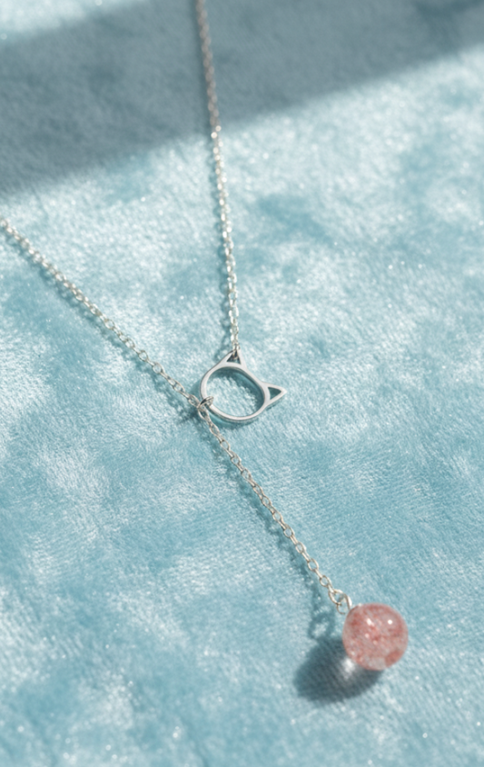 Playful Cat Lariat Necklace with Strawberry Quartz | Sterling Silver