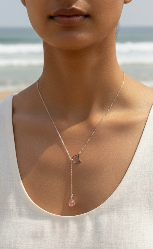 Playful Cat Lariat Necklace with Strawberry Quartz | Sterling Silver