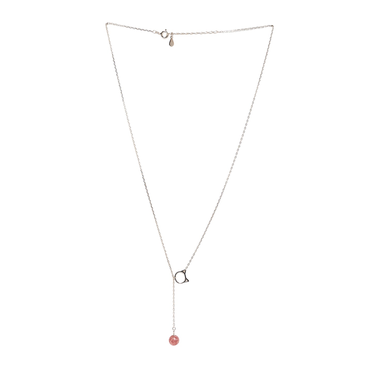 Playful Cat Lariat Necklace with Strawberry Quartz | Sterling Silver